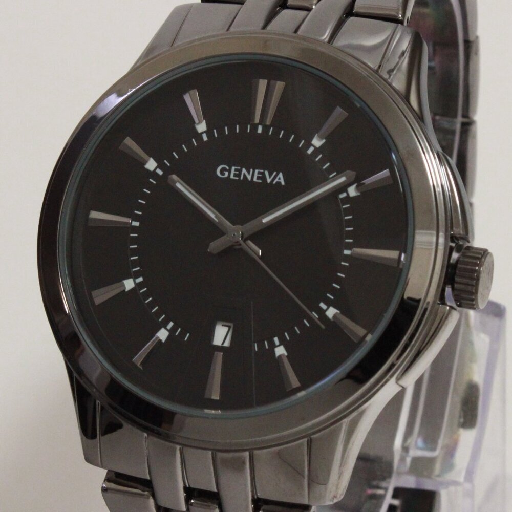 Geneva Men's Casual Quartz Watch Raised Indices GunMetal Finish 42mm - Picture 10 of 14